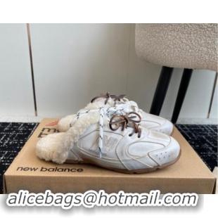 Shop Cheap New Balance x Miu Miu 530 SL Sneaker Mules in White Bleached Leather and Wool Fur 5E165E 012065