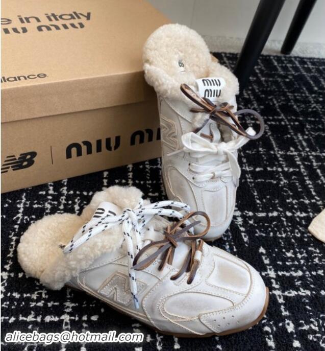 Shop Cheap New Balance x Miu Miu 530 SL Sneaker Mules in White Bleached Leather and Wool Fur 5E165E 012065