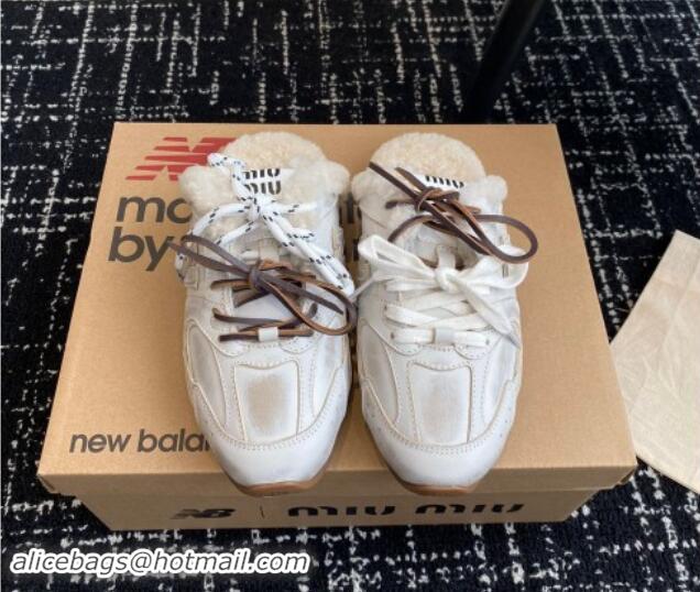 Shop Cheap New Balance x Miu Miu 530 SL Sneaker Mules in White Bleached Leather and Wool Fur 5E165E 012065