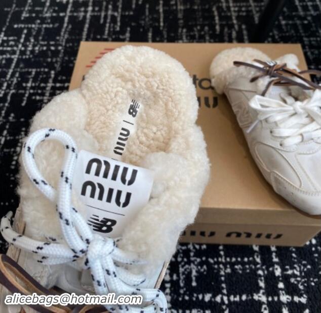 Shop Cheap New Balance x Miu Miu 530 SL Sneaker Mules in White Bleached Leather and Wool Fur 5E165E 012065