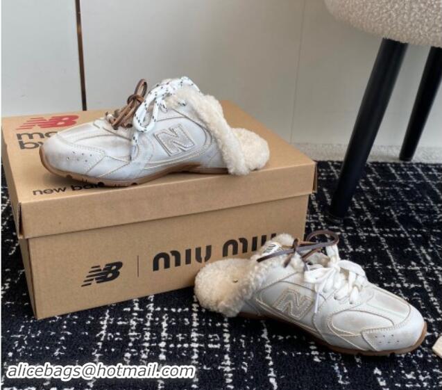 Shop Cheap New Balance x Miu Miu 530 SL Sneaker Mules in White Bleached Leather and Wool Fur 5E165E 012065