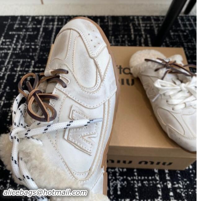 Shop Cheap New Balance x Miu Miu 530 SL Sneaker Mules in White Bleached Leather and Wool Fur 5E165E 012065