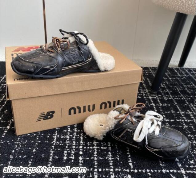 Good Quality New Balance x Miu Miu 530 SL Sneaker Mules in Black Bleached Leather and Wool Fur 5E165E 012067