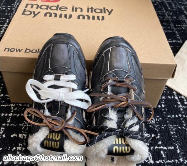 Good Quality New Balance x Miu Miu 530 SL Sneaker Mules in Black Bleached Leather and Wool Fur 5E165E 012067