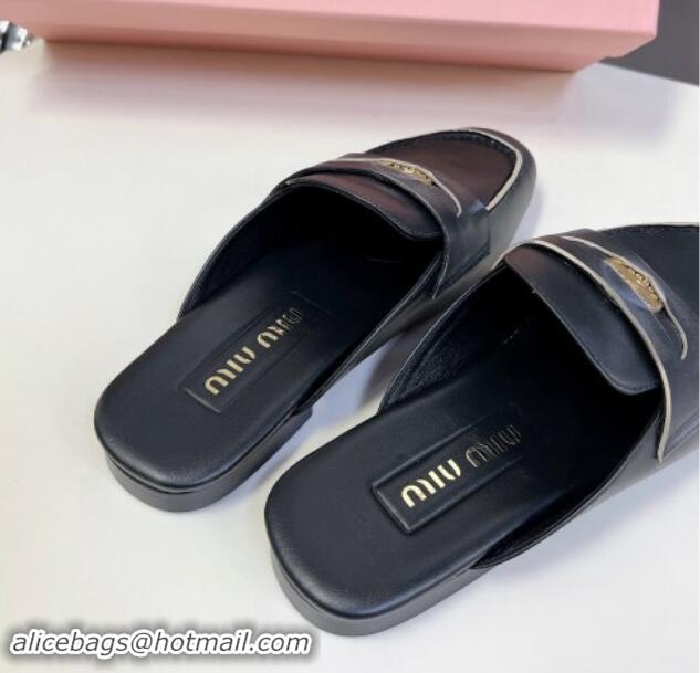 Grade Quality Miu Miu Bleached Leather Flat Mules with Coin Black 012068