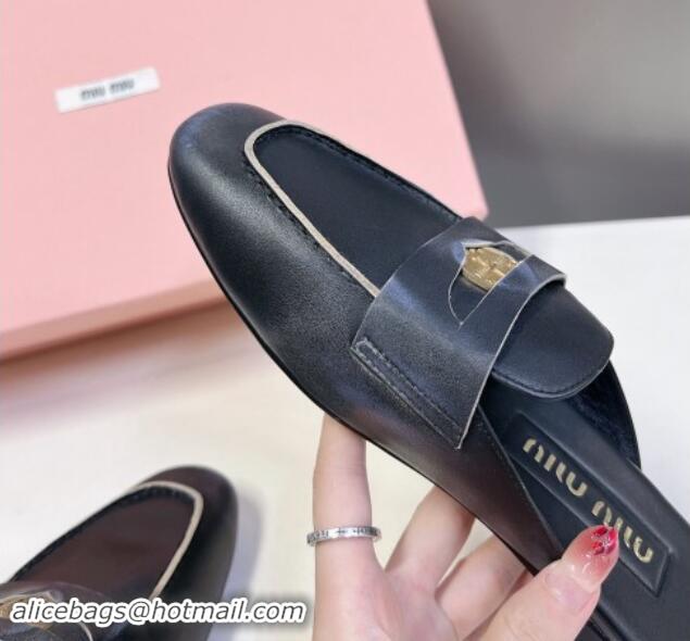 Grade Quality Miu Miu Bleached Leather Flat Mules with Coin Black 012068