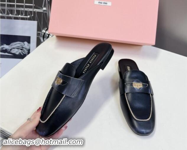 Grade Quality Miu Miu Bleached Leather Flat Mules with Coin Black 012068