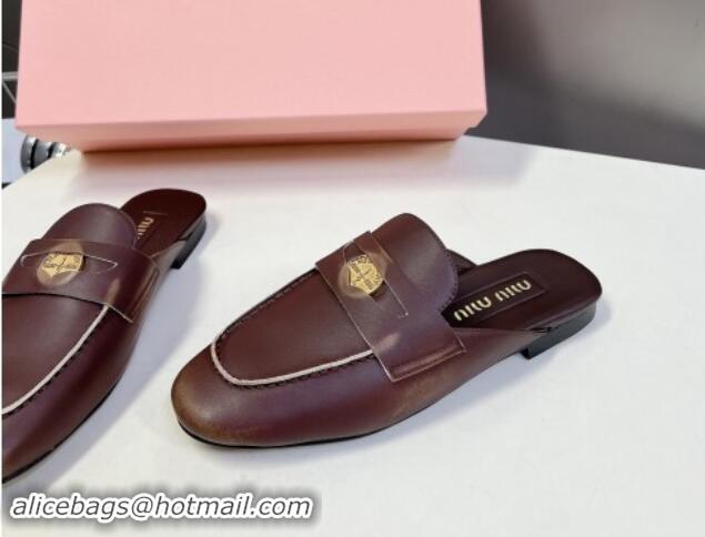 Good Product Miu Miu Bleached Leather Flat Mules with Coin Brown 012069