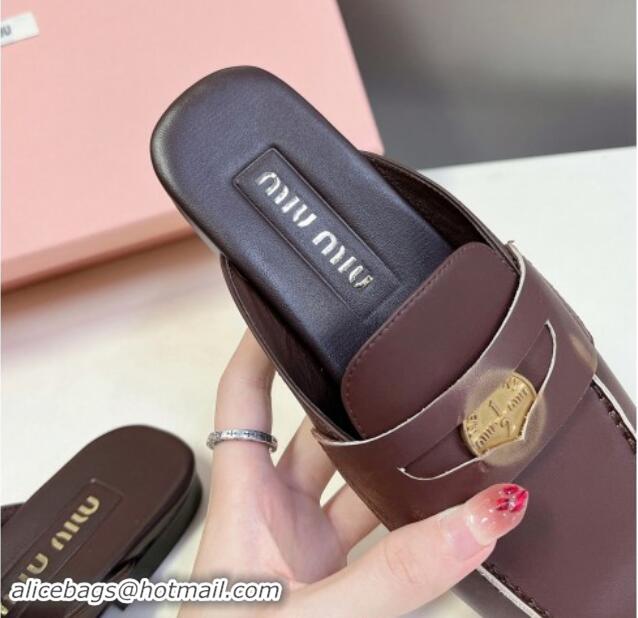 Good Product Miu Miu Bleached Leather Flat Mules with Coin Brown 012069