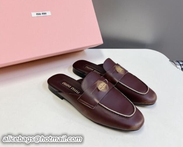 Good Product Miu Miu Bleached Leather Flat Mules with Coin Brown 012069