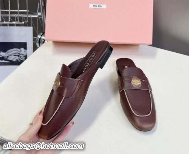 Good Product Miu Miu Bleached Leather Flat Mules with Coin Brown 012069