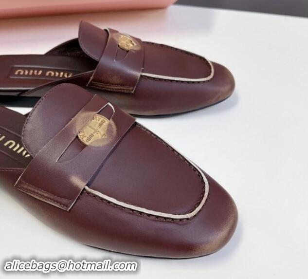 Good Product Miu Miu Bleached Leather Flat Mules with Coin Brown 012069