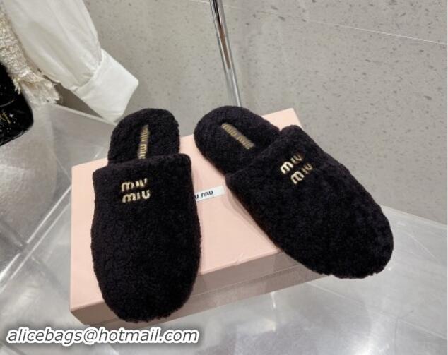 Buy Luxury Miu Miu Shearling Fur Flat Mules Black 012071