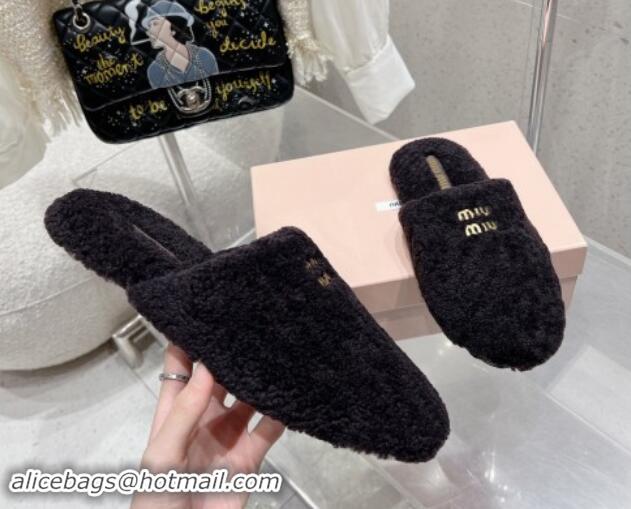 Buy Luxury Miu Miu Shearling Fur Flat Mules Black 012071