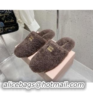 Stylish Miu Miu Shearling Fur Flat Mules Grey 012072