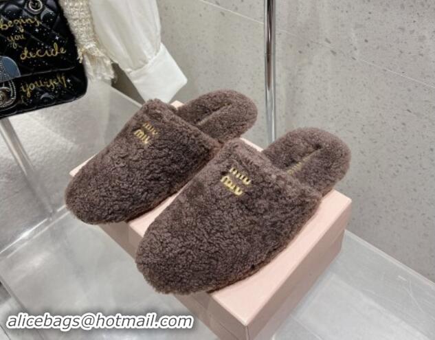 Stylish Miu Miu Shearling Fur Flat Mules Grey 012072