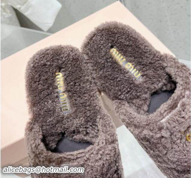 Stylish Miu Miu Shearling Fur Flat Mules Grey 012072