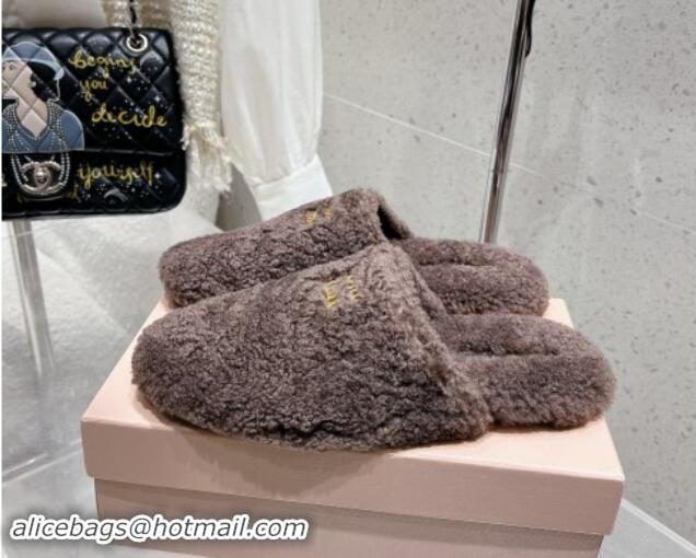 Stylish Miu Miu Shearling Fur Flat Mules Grey 012072