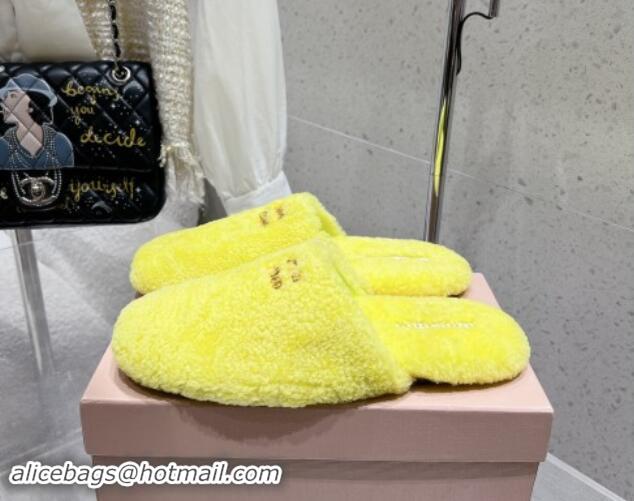 Best Grade Miu Miu Shearling Fur Flat Mules Neon Yellow 012073