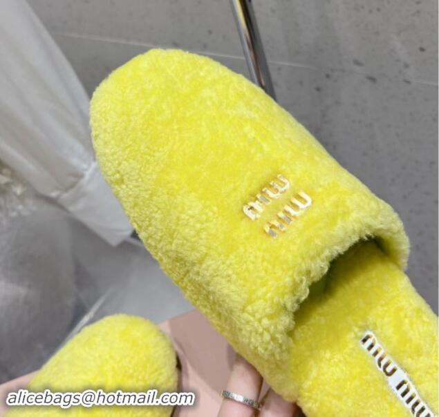 Best Grade Miu Miu Shearling Fur Flat Mules Neon Yellow 012073