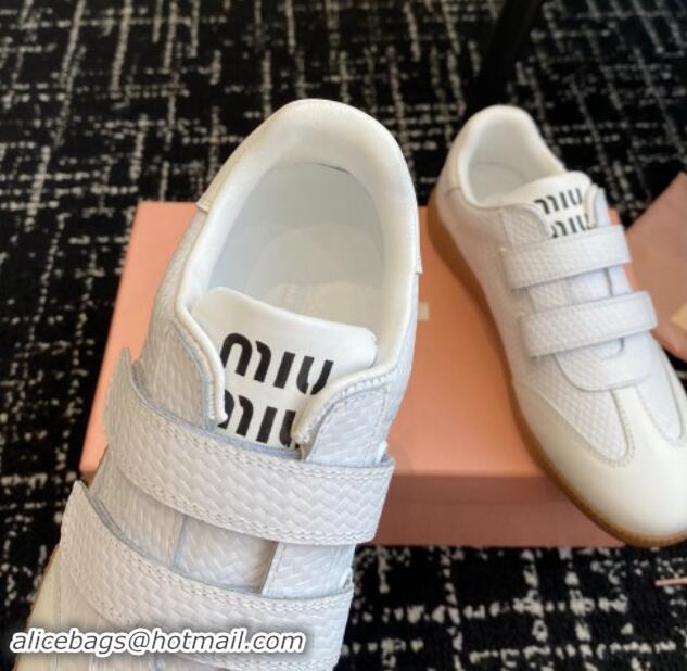 Perfect Miu Miu Wove-Embossed and Nappa Leather Sneakers with Velcro Strap White 1014006