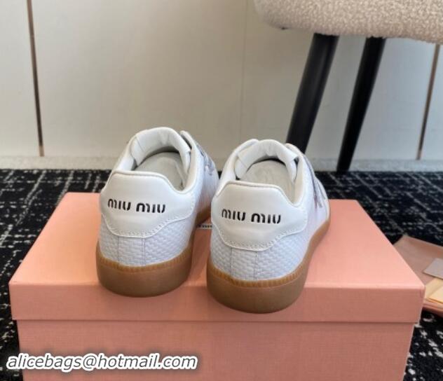 Perfect Miu Miu Wove-Embossed and Nappa Leather Sneakers with Velcro Strap White 1014006