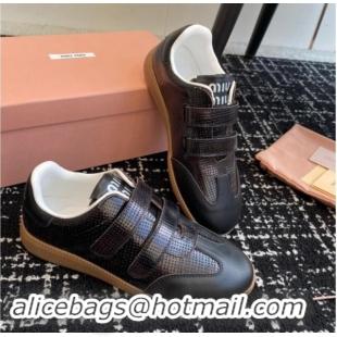 Good Quality Miu Miu Wove-Embossed and Nappa Leather Sneakers with Velcro Strap Black 1014009