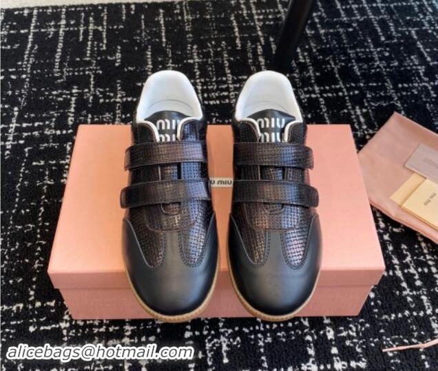 Good Quality Miu Miu Wove-Embossed and Nappa Leather Sneakers with Velcro Strap Black 1014009