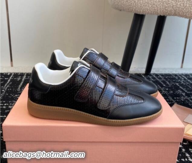 Good Quality Miu Miu Wove-Embossed and Nappa Leather Sneakers with Velcro Strap Black 1014009