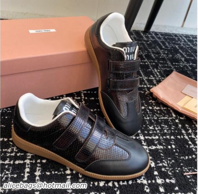 Good Quality Miu Miu Wove-Embossed and Nappa Leather Sneakers with Velcro Strap Black 1014009