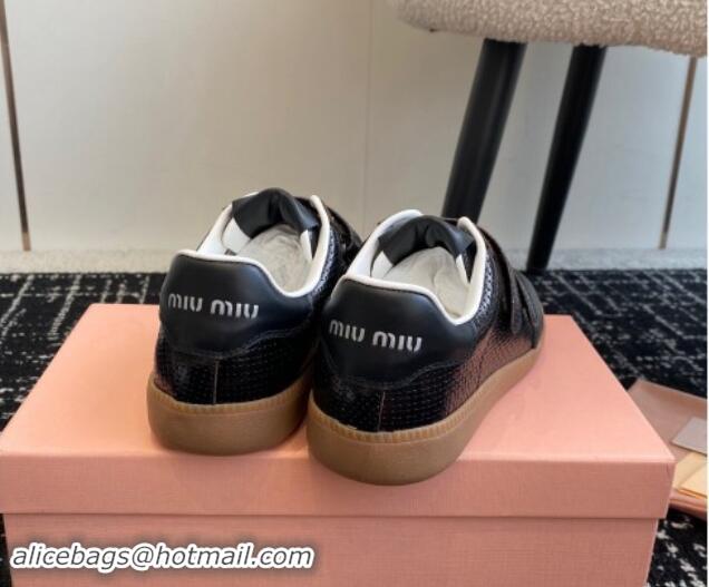 Good Quality Miu Miu Wove-Embossed and Nappa Leather Sneakers with Velcro Strap Black 1014009