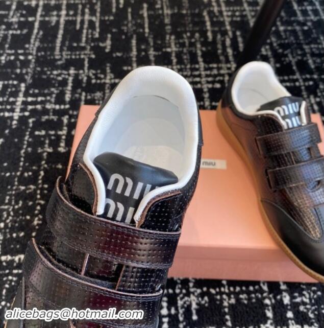 Good Quality Miu Miu Wove-Embossed and Nappa Leather Sneakers with Velcro Strap Black 1014009