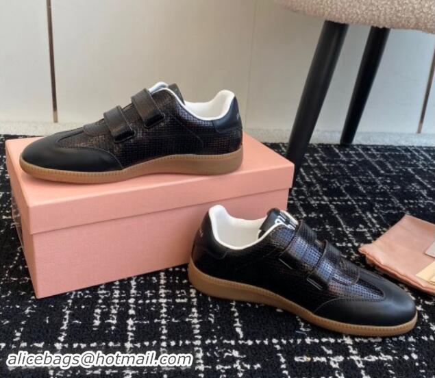 Good Quality Miu Miu Wove-Embossed and Nappa Leather Sneakers with Velcro Strap Black 1014009