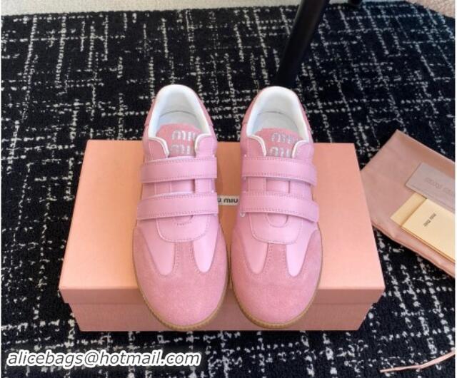 Best Grade Miu Miu Nappa Leather and Suede Sneakers with Velcro Strap Pink 1014008