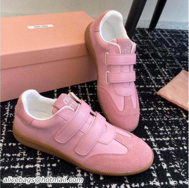 Best Grade Miu Miu Nappa Leather and Suede Sneakers with Velcro Strap Pink 1014008