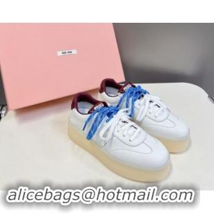 Unique Style Miu Miu Leather Platform Sneakers with Color Laces White/Burgundy 1014011