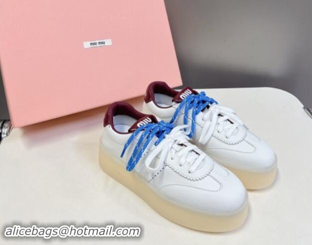 Unique Style Miu Miu Leather Platform Sneakers with Color Laces White/Burgundy 1014011