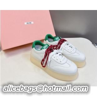 Low Price Miu Miu Leather Platform Sneakers with Color Laces White/Green 1014012