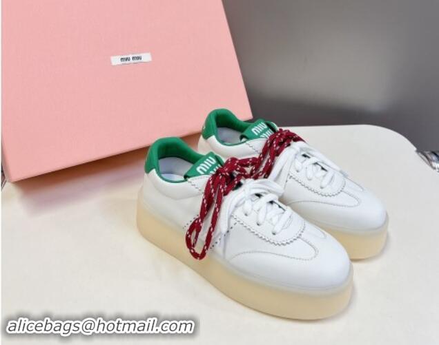 Low Price Miu Miu Leather Platform Sneakers with Color Laces White/Green 1014012