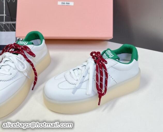 Low Price Miu Miu Leather Platform Sneakers with Color Laces White/Green 1014012