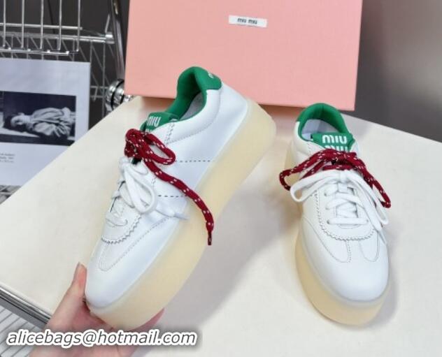 Low Price Miu Miu Leather Platform Sneakers with Color Laces White/Green 1014012