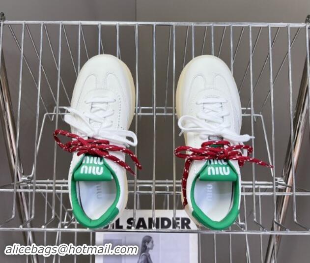 Low Price Miu Miu Leather Platform Sneakers with Color Laces White/Green 1014012