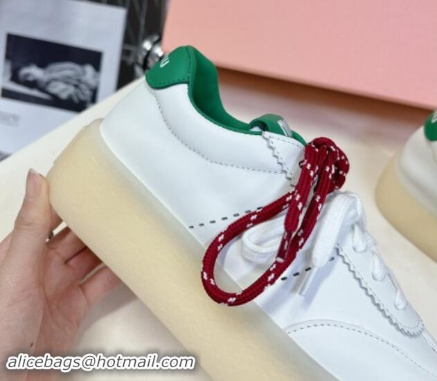 Low Price Miu Miu Leather Platform Sneakers with Color Laces White/Green 1014012