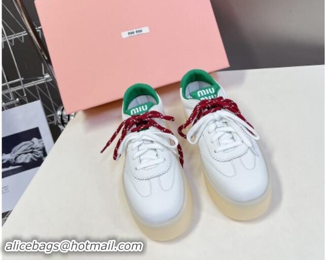 Low Price Miu Miu Leather Platform Sneakers with Color Laces White/Green 1014012