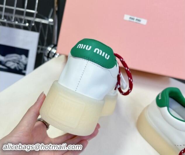 Low Price Miu Miu Leather Platform Sneakers with Color Laces White/Green 1014012