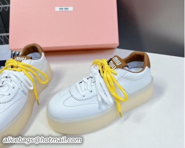 Good Looking Miu Miu Leather Platform Sneakers with Color Laces White/Brown 1014013