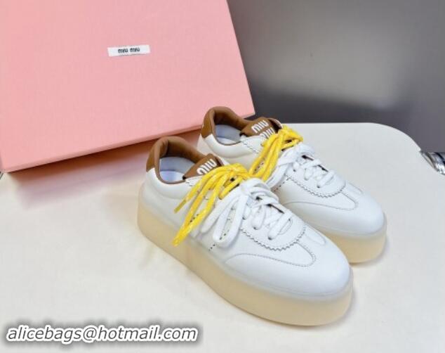 Good Looking Miu Miu Leather Platform Sneakers with Color Laces White/Brown 1014013