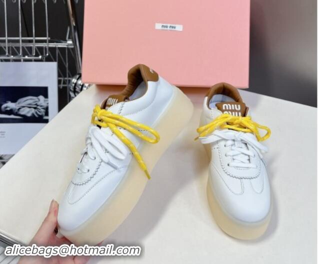 Good Looking Miu Miu Leather Platform Sneakers with Color Laces White/Brown 1014013