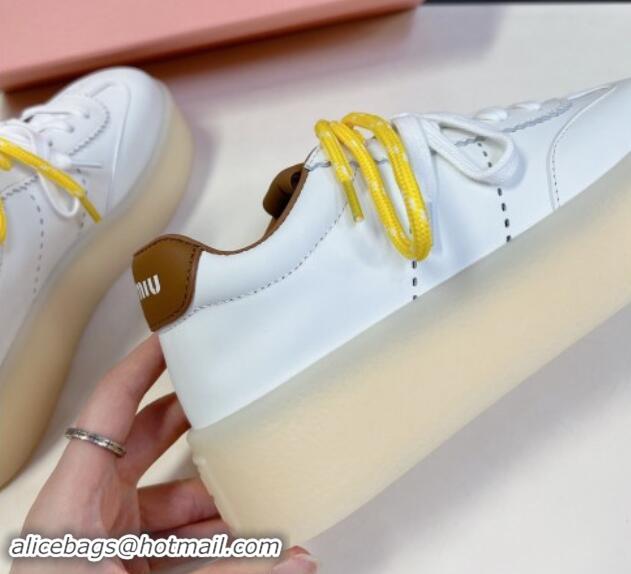 Good Looking Miu Miu Leather Platform Sneakers with Color Laces White/Brown 1014013