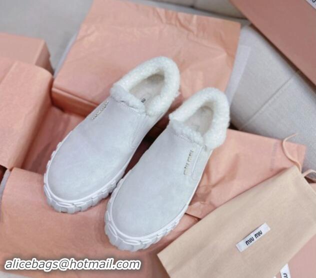 Most Popular Miu Miu Suede Loafers in Suede and Wool Fur Light Grey 014016